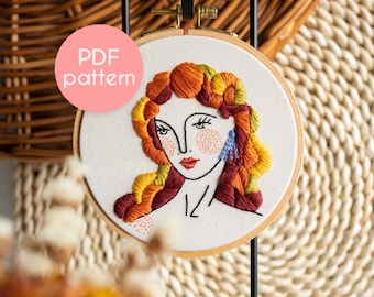 Embroidery Pattern - LADY AUTUMN, Intermediate Level, PDF Embroidery Design with Video Tutorials.