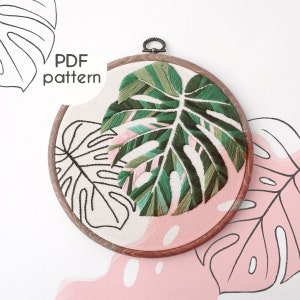 Embroidery Pattern - Monstera Leaves, Advanced Hand Embroidery Pattern, Video Tutorial