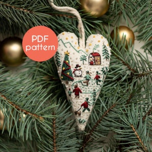 BORDUURWERKpatroon - DIY-ornament voor Kerstmis in de vorm van een hart, PDF-patroonontwerp met video-tutorials voor beginners.