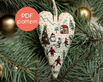 EMBROIDERY Pattern - DIY Ornament for Christmas in shape of a heart, PDF pattern design with video tutorials for beginners.