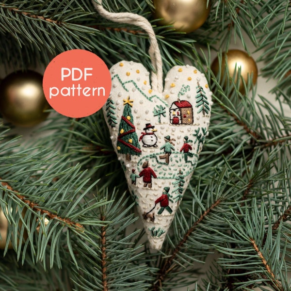 EMBROIDERY Pattern - DIY Ornament for Christmas in shape of a heart, PDF pattern design with video tutorials for beginners.