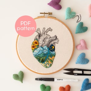 Heart Embroidery Pattern: Sunflowers, Mountains, Woods (PDF Design)