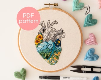 Hand Embroidery Pattern - THE HEART with sunflowers, mountains, woods and meadows, Advanced Level, PDF Embroidery Design