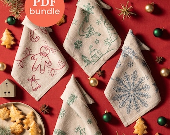 Christmas Stitched Tales Napkin Bundle | Hand Embroidery Patterns | Christmas Table Napkins | Holiday Embroidery PDF