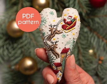 DIY Christmas Ornament Embroidery Pattern: Santa's Sleigh, Heart Shape (PDF Pattern)