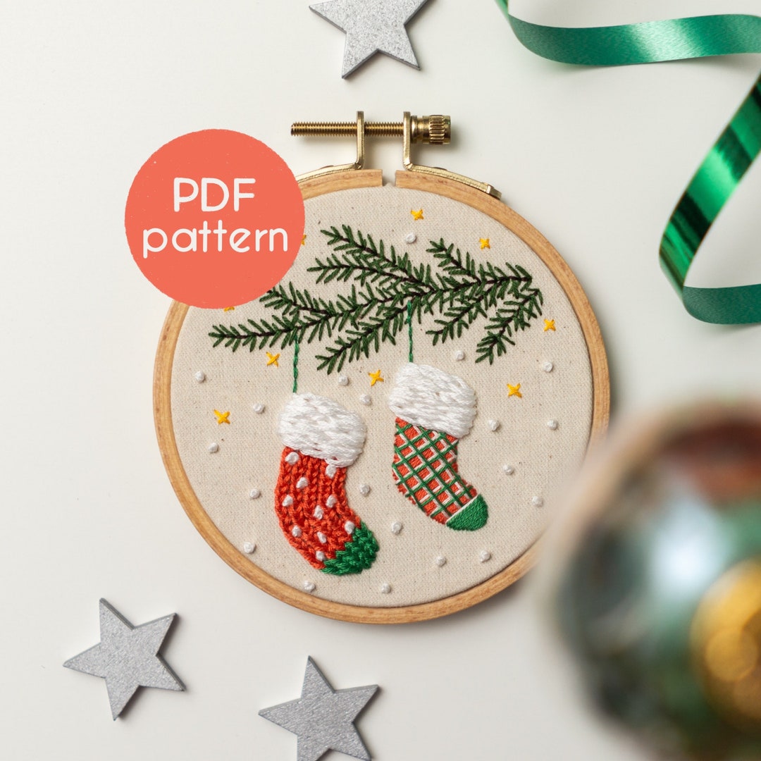 Embroidery Pattern CHRISTMAS STOCKINGS, Hoop Art Embroidery PDF Pattern, With Youtube Video 