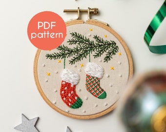 Embroidery Pattern - CHRISTMAS STOCKINGS, Hoop Art Embroidery PDF Pattern, with YouTube video tutorials included