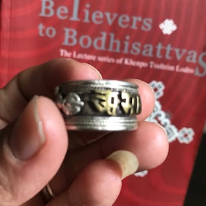 Om Mani Padme Hum BUDDHIST MANTRA RING .925 silver, boho ring Mantra of Compassion,keep your mind calm. thick adjustable band. size 10 - up