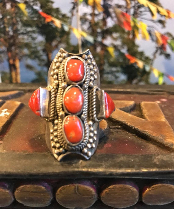 Antique Tibetan coral Ring, Size 8.5, Tribal, Bohe