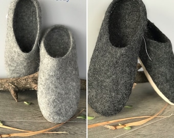 Eco friendly felt slippers. Natural gray, brown and dark gray 100% natural sheep wool,flat sole