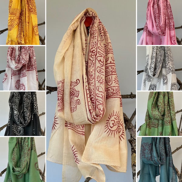 Super soft hand woven cotton with Block printed Om Scarf/shawl/wraparound. summer scarfs Meditation scarf and shawl