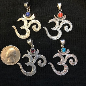 Sterling Silver Om pendent, OM pendent handmade in Nepal. Meditation, Mantra Om, Universal sound OM , Coral, turquoise, Lapis, and Amethyst