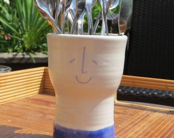 Happy face vase/ utensil holder/ pen cup/ mug, handmade pottery