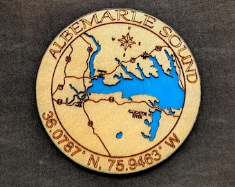 Mapas de posavasos de madera / Pamlico, Pungo, Neuse Albemarle OBX / Ocracoke, Isla Roanoke, Manteo / Este de Carolina del Norte / Decoración costera náutica