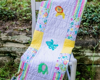 Baby Jungle Animals Quilt, Yellow, Blue, Gender Neutral Baby Quilt, Baby Girl Quilt, Handmade Baby Quilt, Baby Blanket, Modern Baby Quilt
