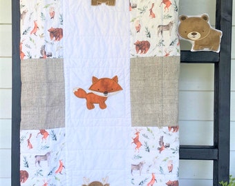 Woodland Babies Baby Quilt, Deer, Fox, Bear, Brown, Tan,  Handmade Baby Quilt, Baby Blanket, Modern Baby Quilt, Nursery Bedding, Baby Shower
