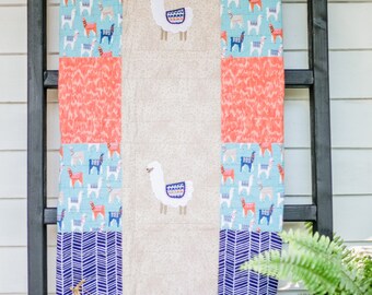 Llama Baby Quilt, Blue and Tan Quilt, Gender Neutral Quilt, Handmade Baby Quilt, Baby Blanket, Modern Baby Quilt, Nursery Bedding