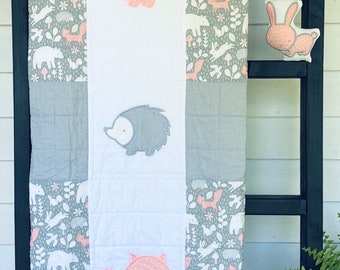 Animal Babies Quilt, Gray, Peach, White, Rabbit, Fox, Hedgehog, Handmade Baby Quilt, Baby Blanket, Modern Baby Quilt, Nursery Bedding