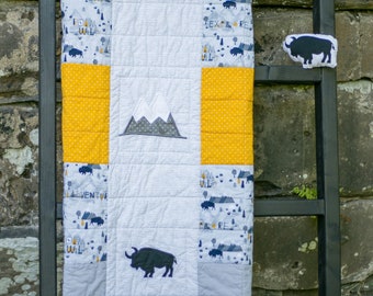 Woodland Quilt, Buffalo, Gray and Gold, Baby Boy Quilt, Handmade Baby Quilt, Baby Blanket, Modern Baby Quilt, Nursery Bedding