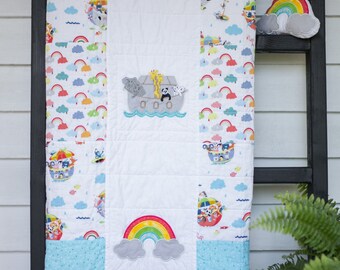 Noah's Ark Baby Quilt, Blue and White Quilt, Gender Neutral Quilt, Handmade Baby Quilt, Baby Blanket, Modern Baby Quilt, Nursery Bedding