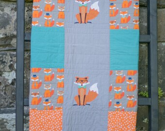 Little Fox Baby Quilt, Gray and Orange Quilt, Gender Neutral Quilt, Handmade Baby Quilt, Baby Blanket, Modern Baby Quilt, Nursery Bedding