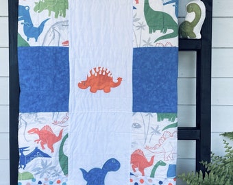 Dinosaur and Dots Baby Quilt, Turquoise, Green, Orange, Handmade Baby Quilt, Baby Blanket, Modern  Quilt, Nursery Bedding, Shower Gift