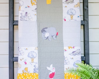 Pooh and Friends Quilt, Gray and Yellow Quilt, Gender Neutral Quilt, Handmade Baby Quilt, Baby Blanket, Modern Baby Quilt, Nursery Bedding