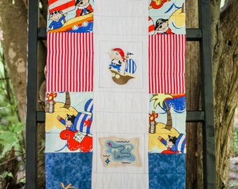 Pirate Treasure Baby Quilt, Red and Blue Quilt, Baby Boy, Handmade Baby Quilt, Baby Blanket, Modern Baby Quilt, Nursery Bedding