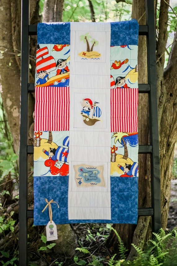 Pirate Treasure Baby Quilt, Red and Blue Quilt, Baby Boy, Handmade