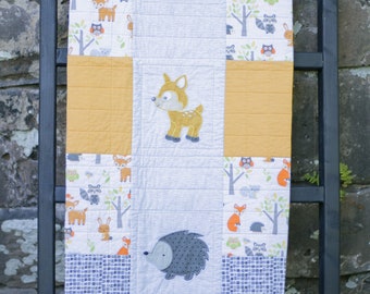 Woodland Animal Quilt, Gray and Gold Quilt, Gender Neutral, Baby Boy Quilt, Handmade Baby Quilt, Baby Blanket, Modern Baby Quilt, Nursery