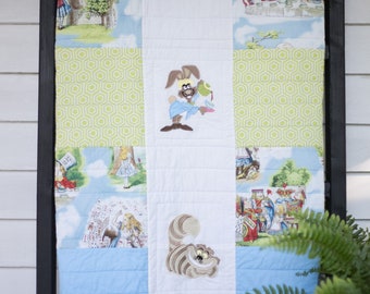 Alice in Wonderland Quilt, Blue, Green, Baby Boy Quilt, Handmade Baby Quilt, Modern Baby Quilt, Nursery Bedding, Baby Shower Gift