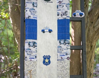 Police Quilt, Blue and Tan Quilt, Boy Quilt,  Handmade Baby Quilt, Baby Blanket, Modern Baby Quilt, Nursery Bedding, Baby Shower Gift