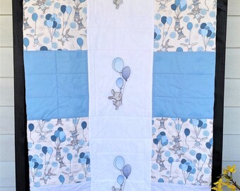 Bunny with Balloons Quilt, Blue, Gray Quilt, Gender Neutral Quilt, Modern Baby Quilt, Nursery Bedding, Baby Blanket, Baby Shower Gift