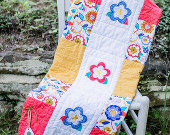 Floral Baby Quilt, Coral and Blue, Baby Girl Quilt, Handmade Baby Quilt, Baby Blanket, Modern Baby Quilt, Nursery Bedding
