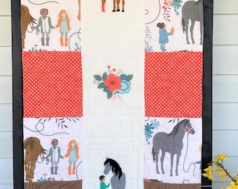 Girls and Horses Quilt, Coral, Brown Quilt, Handmade Baby Quilt, Baby Blanket, Modern Baby Quilt, Nursery Bedding, Baby Shower Gift