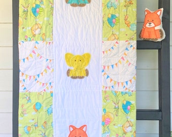 Animals with Balloons Baby Quilt, Fox, Giraffe, Elephant, Handmade Baby Quilt, Baby Blanket, Modern Quilt, Nursery Bedding, Baby Shower Gift