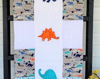 Dinosaurs 2 Quilt, Gray, Teal Quilt, Gender Neutral, Handmade Baby Quilt, Baby Blanket, Modern Baby Quilt, Nursery Bedding, Baby Shower
