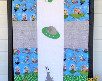Jetson Quilt, Gray, Green Quilt, Handmade Baby Quilt, Gender Neutral Quilt, Cartoon Quilt, Baby Blanket, Modern Baby Quilt, Nursery Bedding,