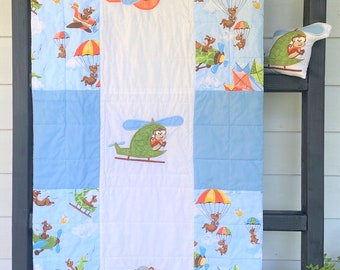 Flying Friends Quilt, Planes, Helicopter, Dogs, Monkey, Blue, Green, Handmade Baby Quilt, Baby Blanket, Modern Baby Quilt, Nursery Bedding,