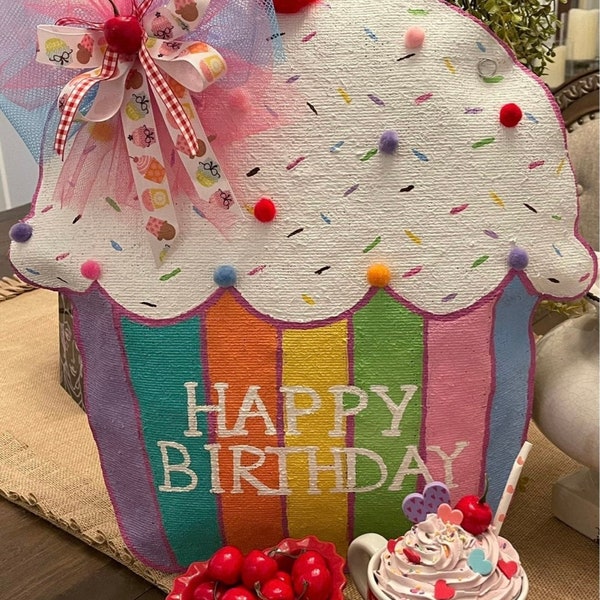 Birthday cupcake burlap door hanger party decor door wreath