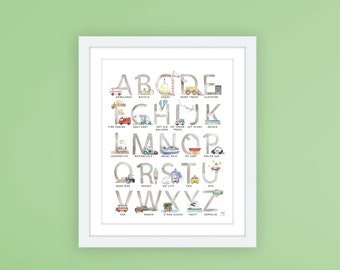 Transportation ABC Print | Framed Kids Learning Poster | Trucks Cars Trains Nursery Wall Art