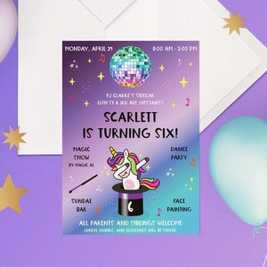 Disco, Magic, Unicorn, Ice Cream Sundae, Face Painting, Dance Party / Birthday Invitation