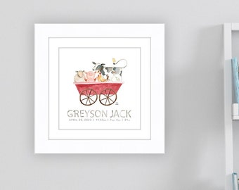 Custom Birth Announcement Print | Personalized Newborn Keepsake | Framed Animal Watercolor Nursery Gift