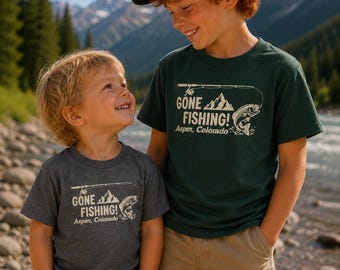 Gone Fishing Aspen Colorado Kids T-Shirt | Youth & Toddler Mountain Vacation Tee | Colorado Souvenir Gift for Kids