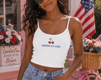 4th of July Crop Tank Top | Cherry American Girl Patriotic Spaghetti Strap | Independence Day Outfit | Red White Blue Top
