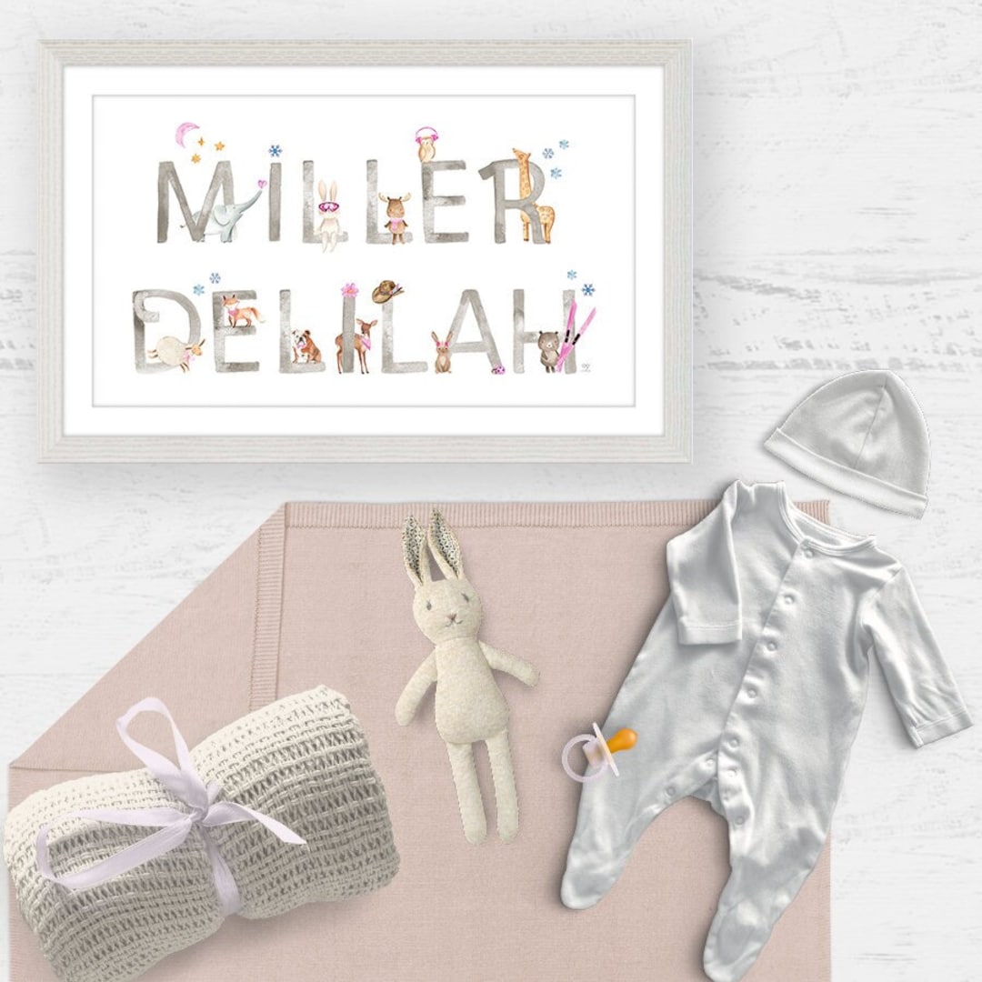 Framed Custom Baby Name Nursery Wall Art Print, Animal Watercolors