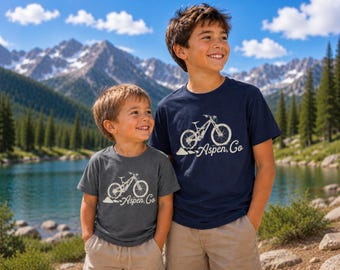 Aspen Colorado Kids Mountain Bike Tee, Cotton, | Youth & Toddler Mountain Vacation Tee | Colorado Souvenir Gift for Kids