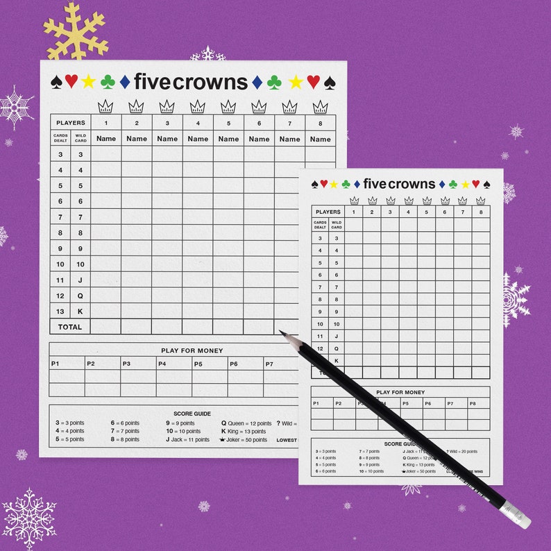 May include: Two black and white printable scorecards for the card game "Five Crowns". The scorecards have a grid for recording players' scores and a section for play for money. The scorecards also include a score guide with point values for each card.