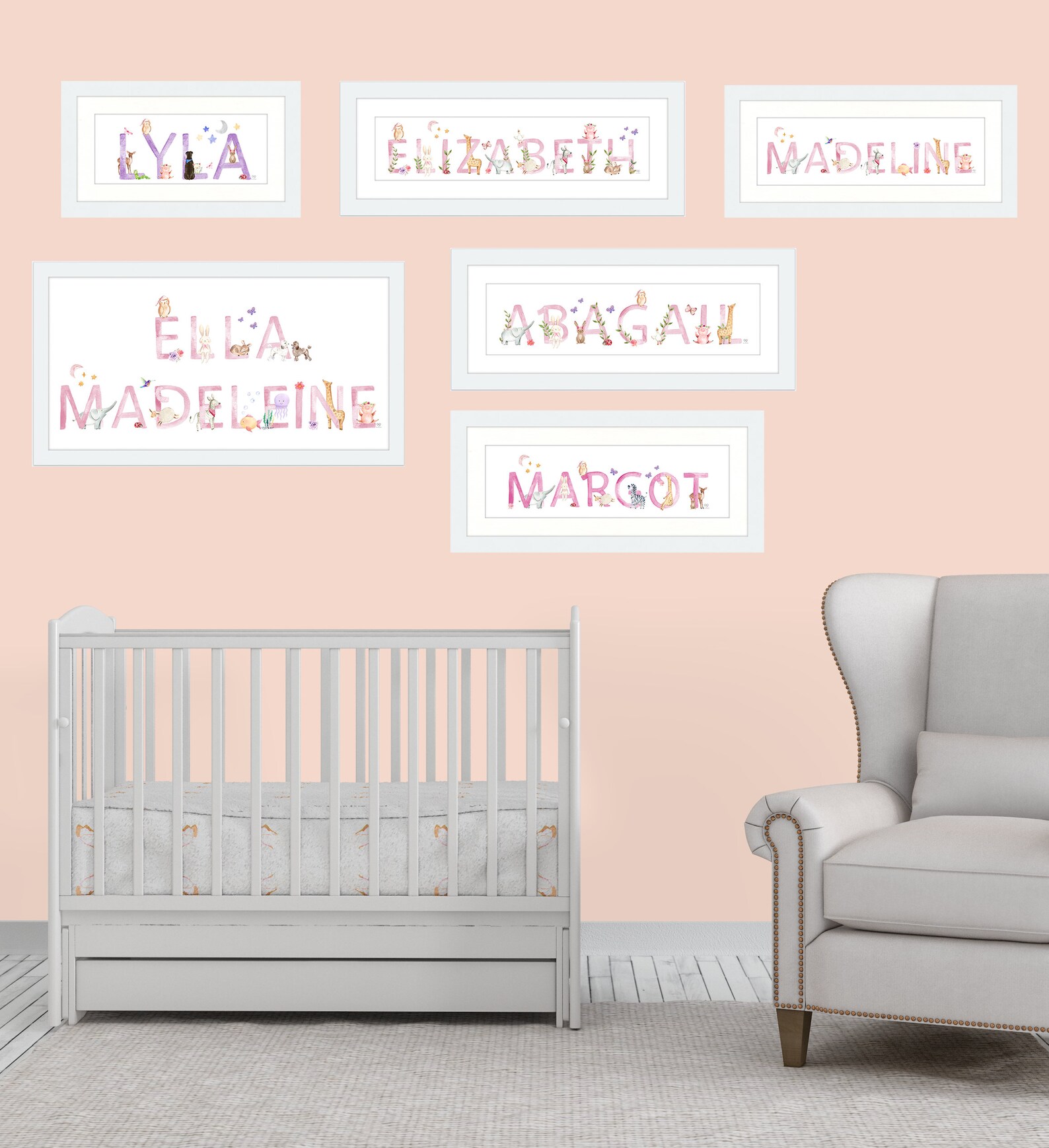 Framed Custom Baby Name Nursery Wall Art Print, Animal Watercolors ...