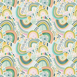 May include: A seamless pattern featuring colorful rainbows, stylized trees, and geometric shapes on a white background. The design is whimsical and playful, perfect for fabric, wallpaper, or wrapping paper.